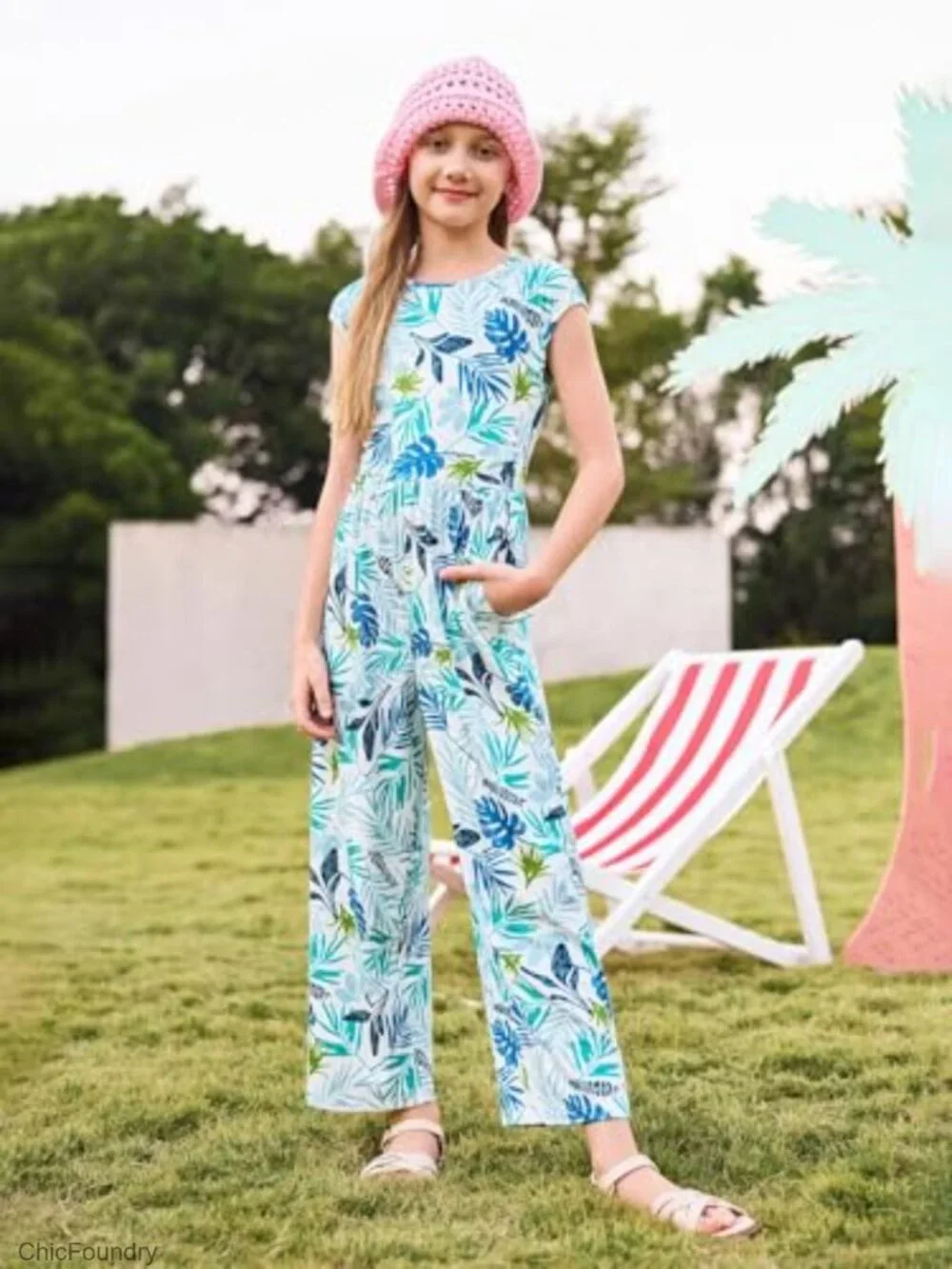 Girls Ribbed Cap Sleeve Wide Leg Jumpsuit Floral Print